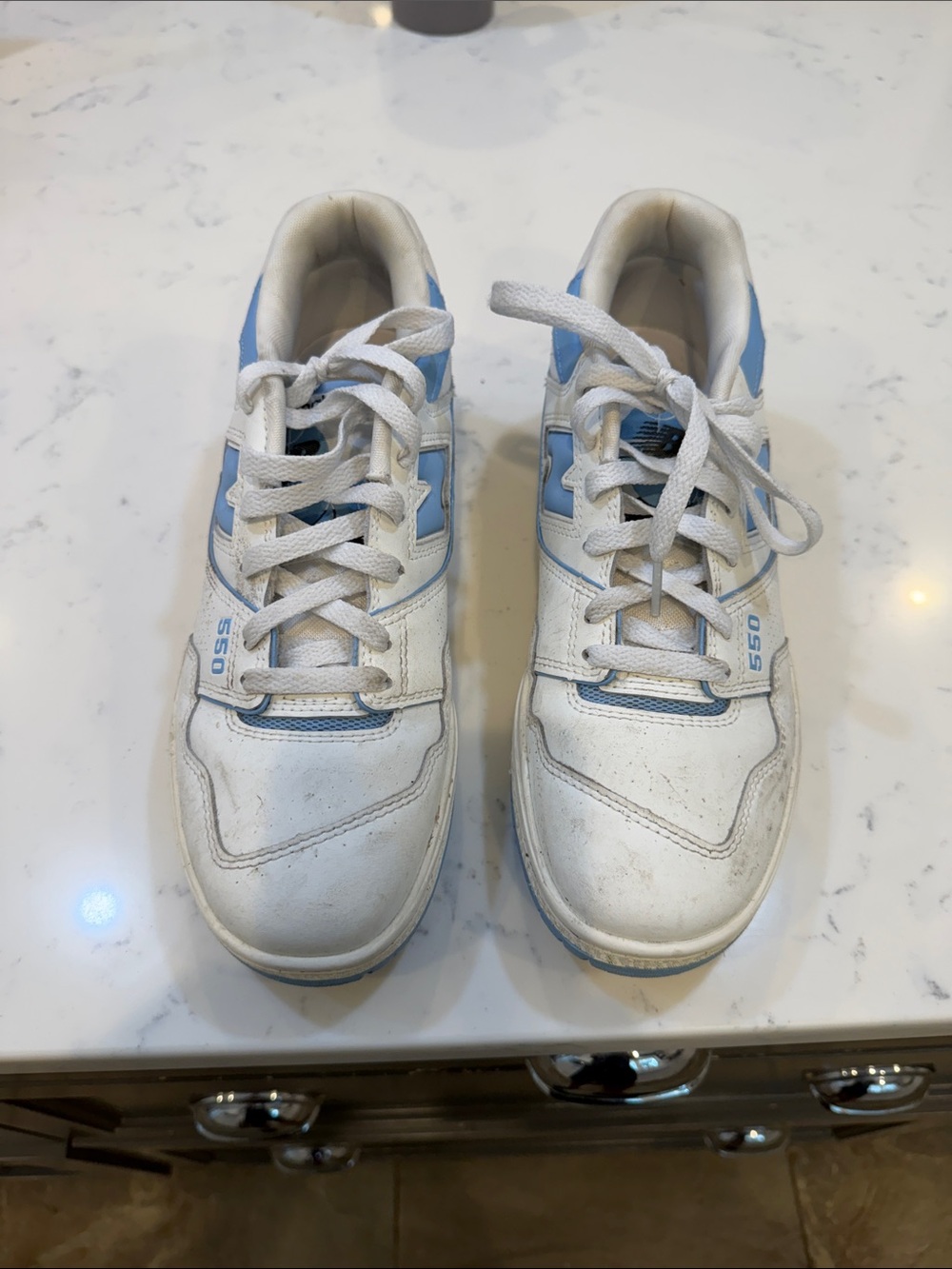 New Balance White and Light Blue Low-Top Sneakers